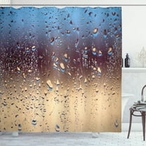 Rain Shower Curtain, Close Up Rain Drops on Glass Natural Sprays Sphere Contrasting Colors Picture, Fabric Bathroom Set with Hooks, 69W X 75L Inches Long, Blue Tan Brown, by Ambesonne