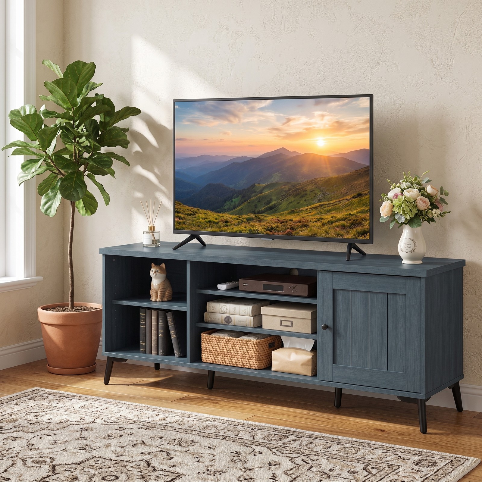 Furnibear 2-Door TV Stand for TVs up to 65 Inch, Mid Century Modern Entertainment Center Media Console with 3 Open Shelves, Adjustable Cabinet & Cable, Turquoise/Brown