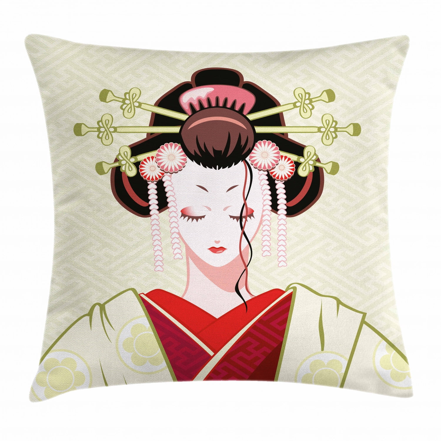 Japanese Throw Pillow Cushion Cover, Geisha Woman Portrait Traditional