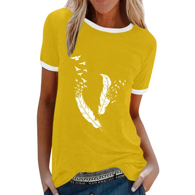 CEHVOM Femmes Mode Décontractée Imprimé Col Rond Ample Manches Courtes T-shirt Haut Blouse Chandail Liquidation