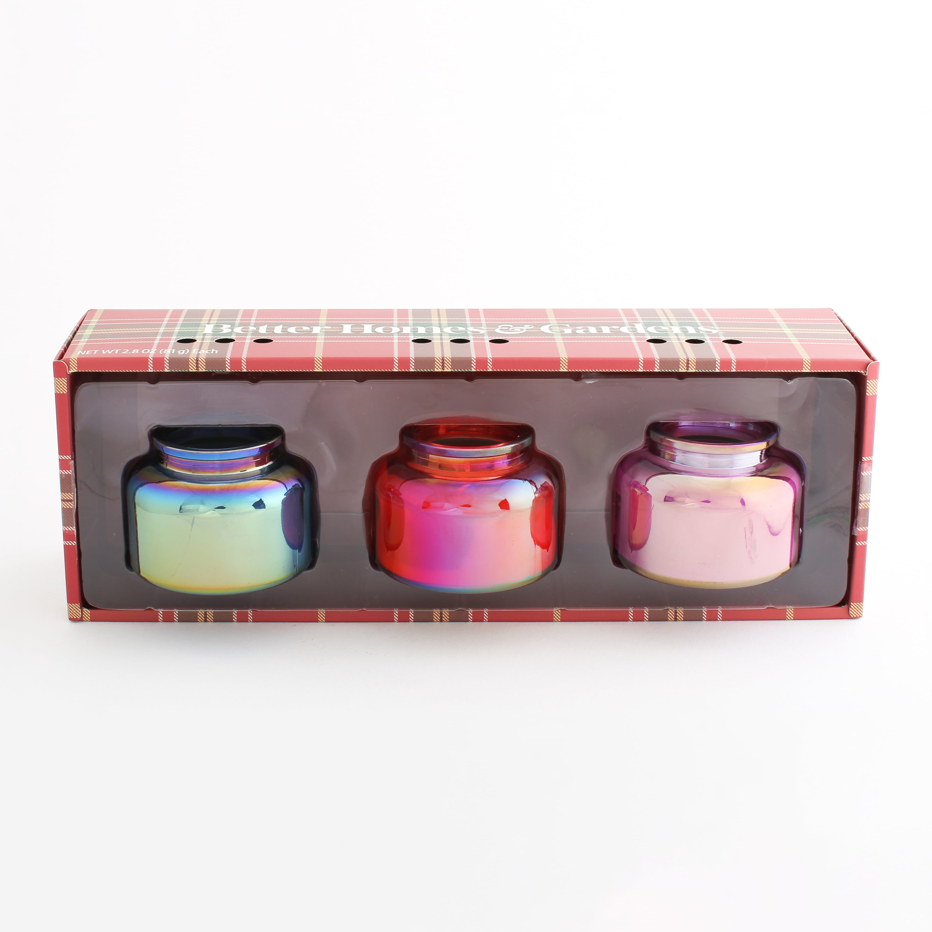 Better Homes & Gardens 8oz Snow Cherry & Macaroon, Candy Cane & Cream, Blue Fern & Citrus Scented Iridescent Mini Bell Christmas Holiday Candle Trio