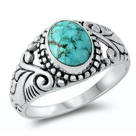 Simulated Turquoise Ornate Boho Style Sterling Silver Ring Blue CZ 925 Jewelry Female Size 5