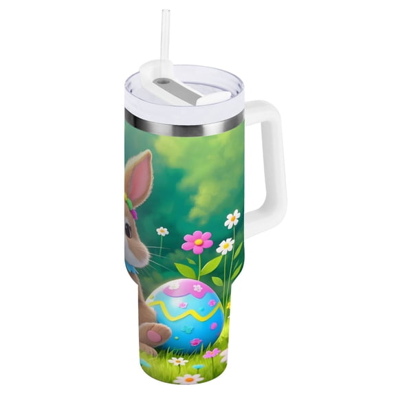 Ryvnso 40 oz Tumbler with Handle and Straw Insulated Stainless Steel Travel Mug with Lid Rabbit and Egg