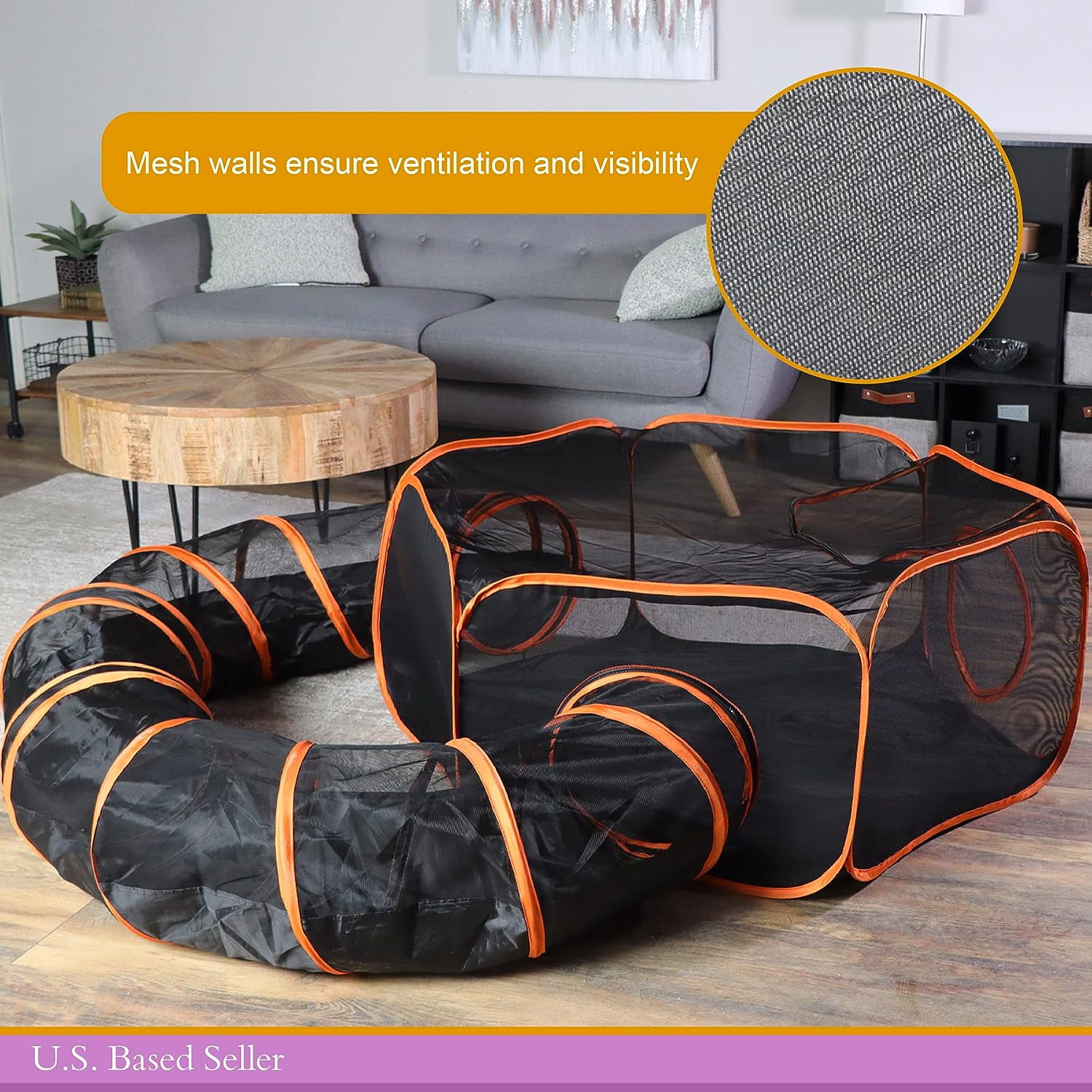 Dog Playpen Indoor Outdoor 4 Foot  Tent with Exercise Tunnel - Orange   Travel Playpen for Puppies, Kittens, Rabbits, Guinea Pigs, and Small Pets - Portable Enclosed Mesh Pen with