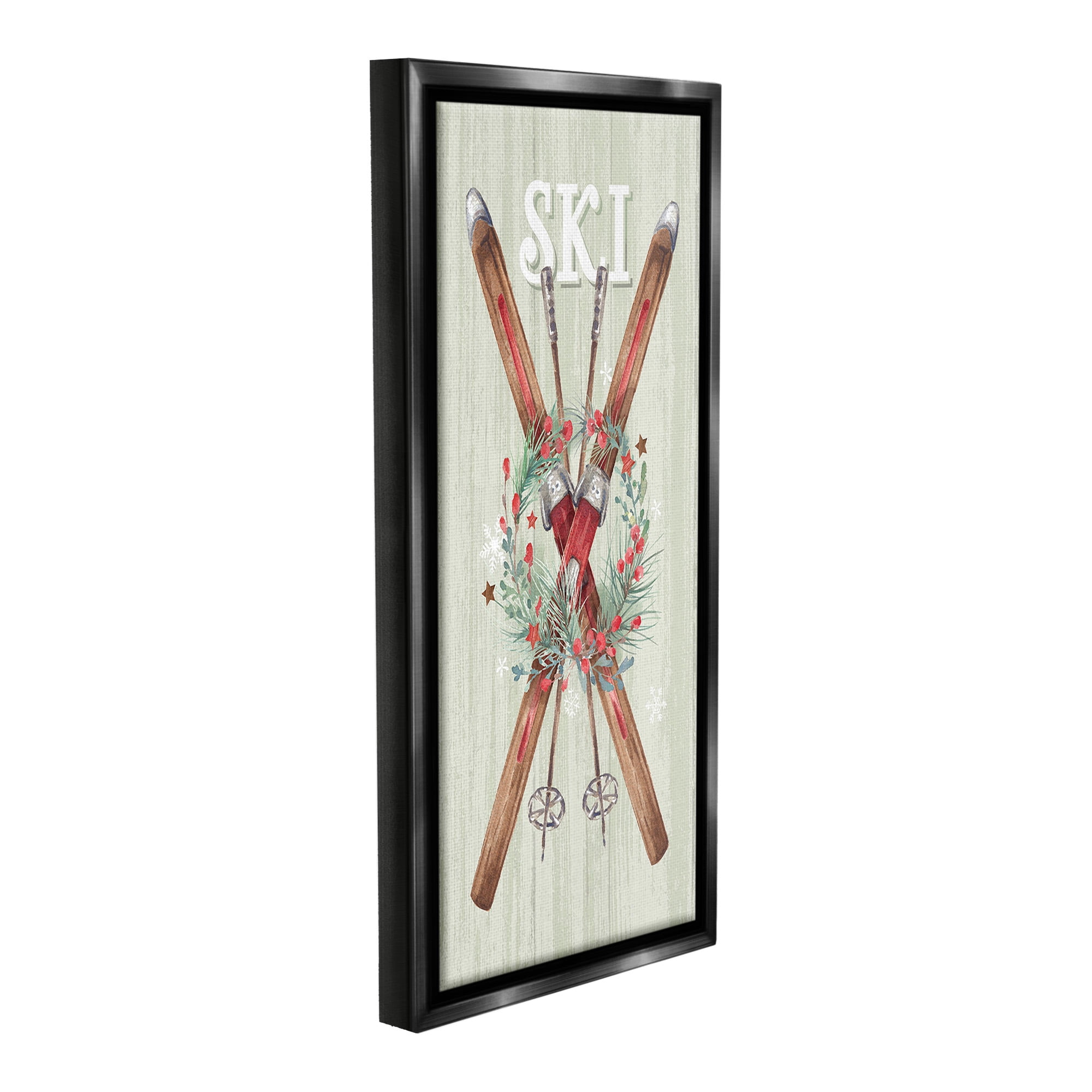 Stupell Industries Rustic Winter Skis Botanical & Floral Painting Black Floater Framed Canvas Art Print Wall Art, 11 x 25