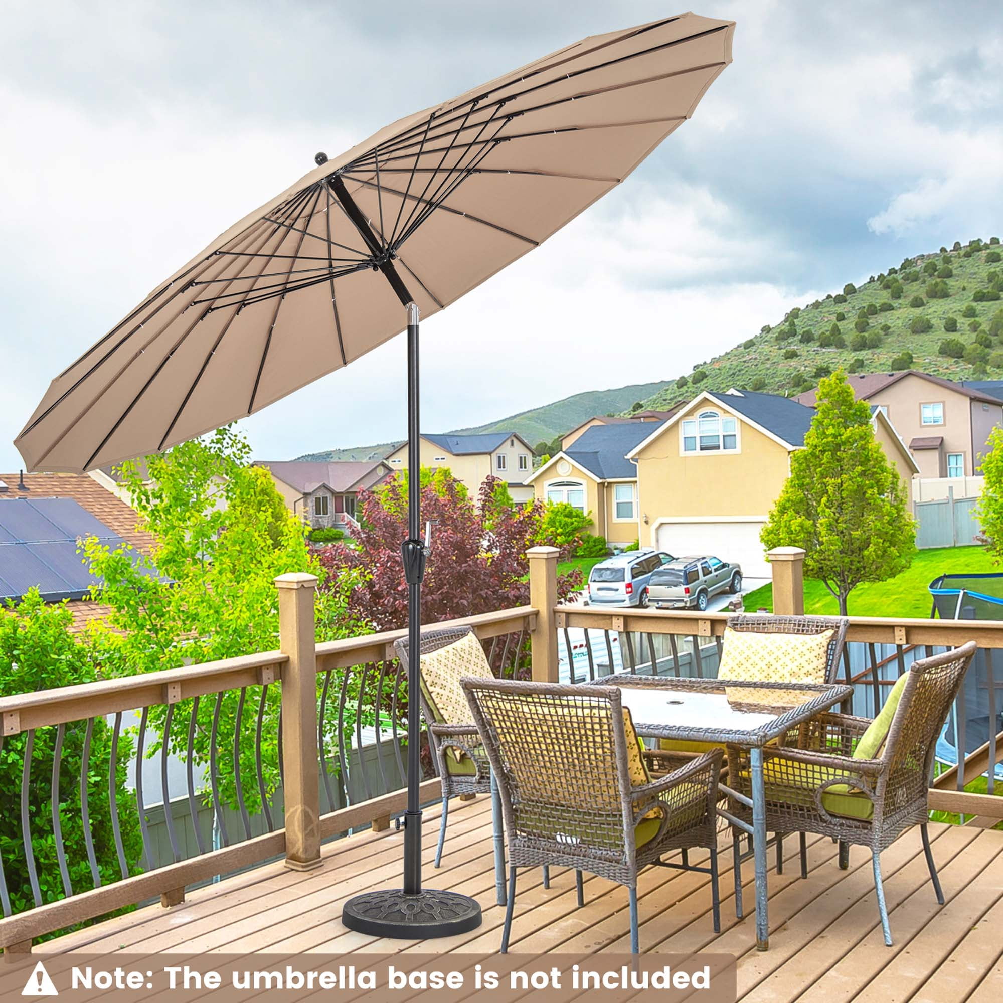 Costway 9 FT Patio Round Market Umbrella with Push Button Tilt, Crank Handle, Vented Top Tan