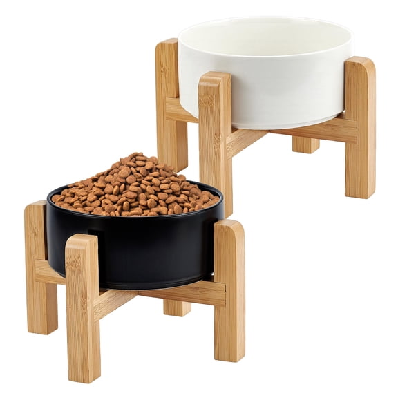 2 Pack 5.9Inch Ceramic Raised Dog Bowl, Raised Dog Bowls with Non-Slip Bamboo Stand Food and Water Bowls Heavy Duty Pet Bowl for Small and Medium Dogs (Black White)