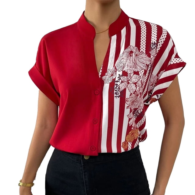 Camisa de color rojo con mangas cortas y detalle de botones, talla L Blusa holgada con estampado floral para mujer