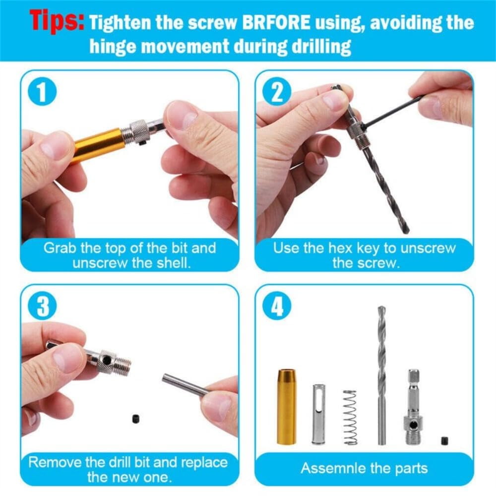 7Pcs Self Centering Drill Bit Set, Center Drill Bit Set With Hex Wrench, 2 Side Holes, Automatic Positioning Center Drill Sleeve, Woodworking Drill Bit Kit Set