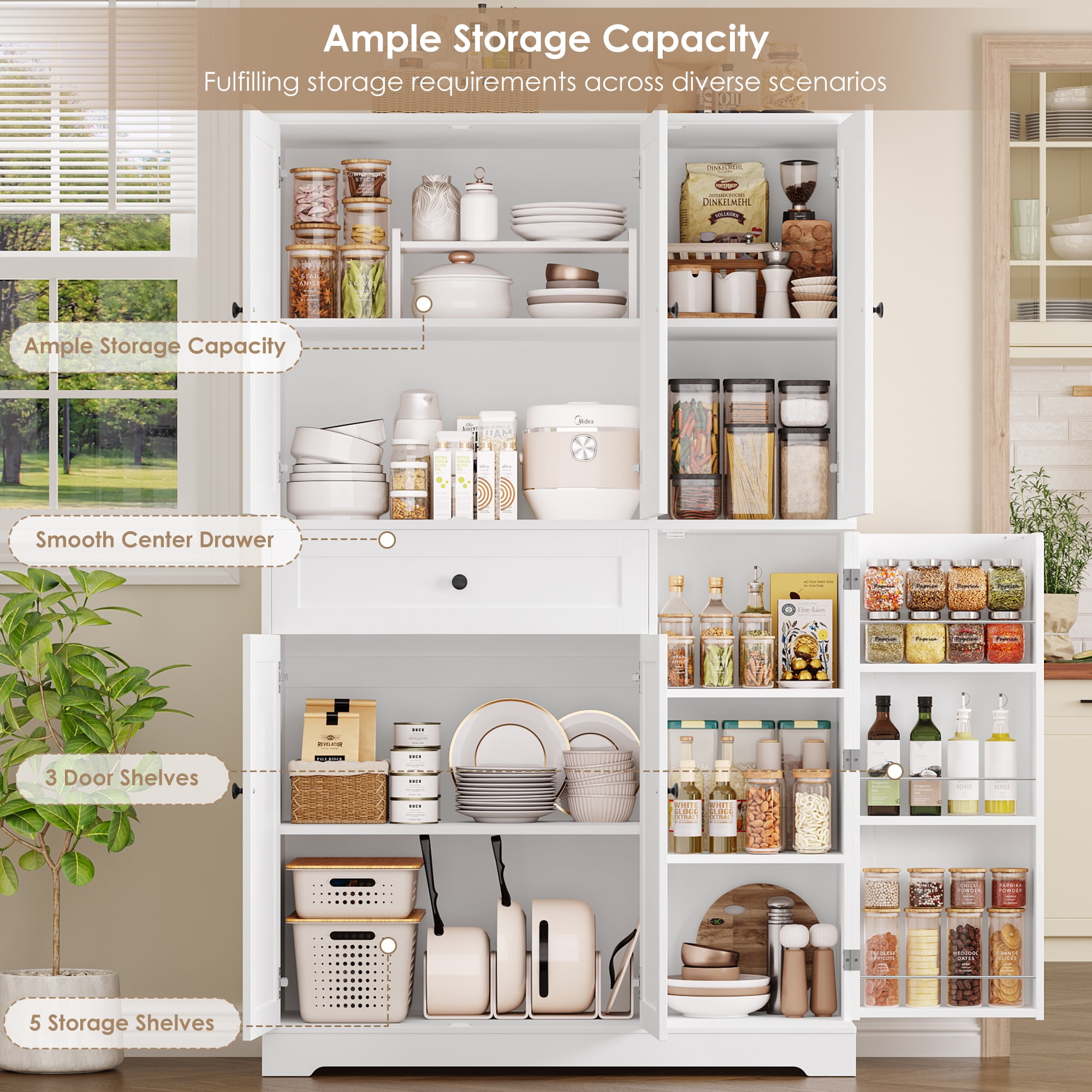 Homfa Kitchen Pantry Storage Cabinet, 68" Food Pantry Cabinet with Drawer and Door Shelf, 6 Door Freestanding Cupboard Buffet for Dining Room, White