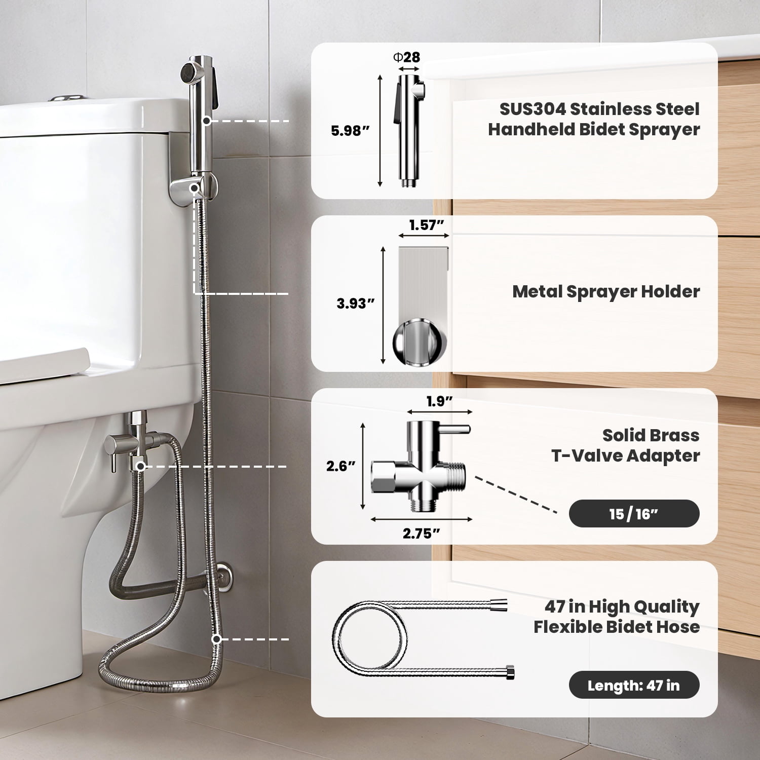 Handheld Bidet Sprayer Kit for Toilet, Heavy Duty Stainless Steel Hose with Dual Mount Holder