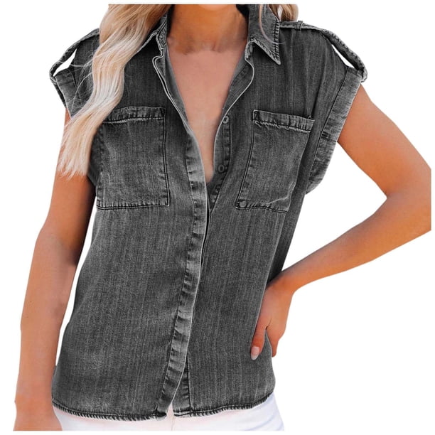 Camisa vaquera retro adelgazante de verano para mujer - Blusa informal de manga corta en color liso - Tejido ligero y transpirable