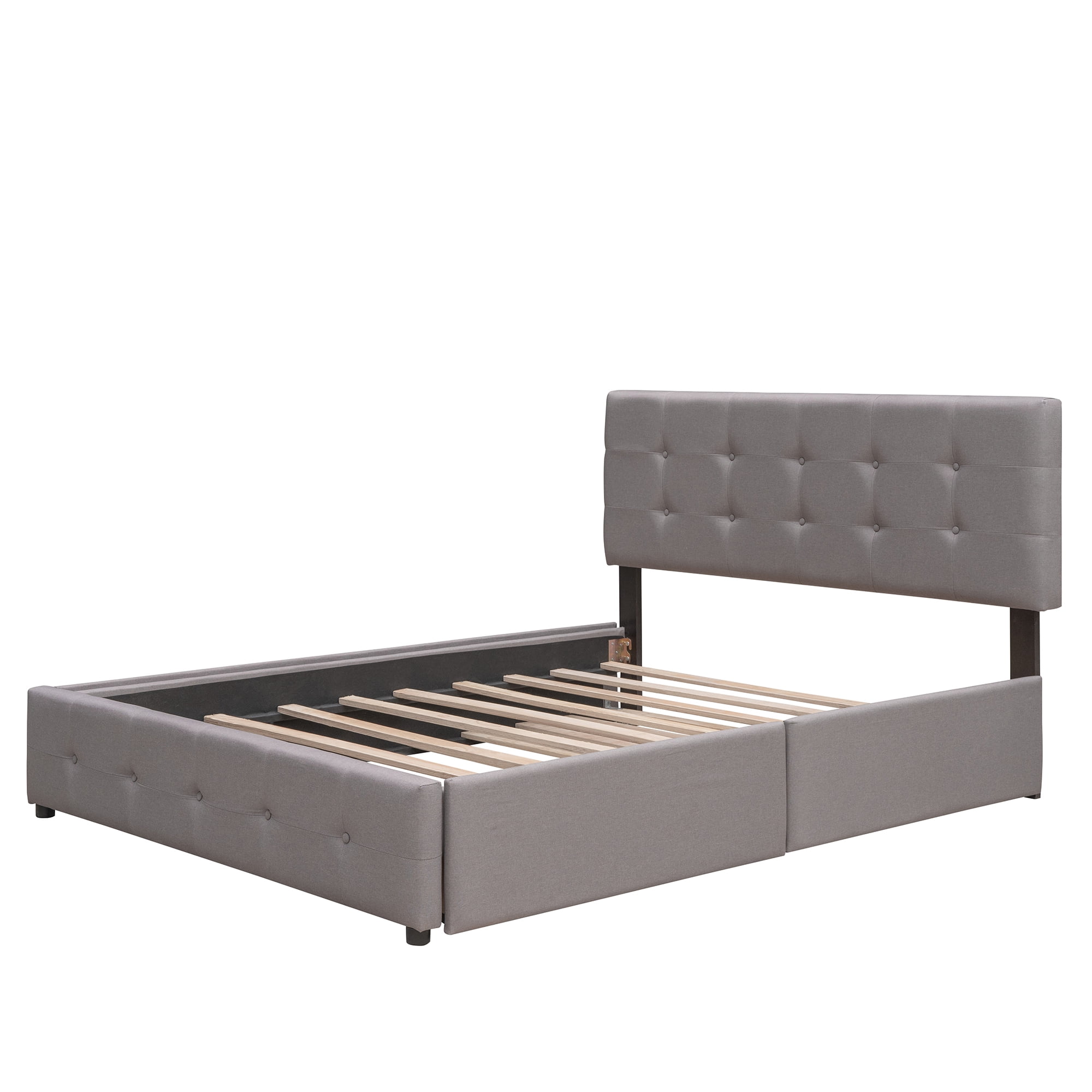 PAPROOS Queen Platform Bed Frame with Storage, Upholstered Platform Bed with Tufted Button Headboard, 2 Drawers & Twin Size Trundle, No Box Spring Needed, Queen Size Bed Frame, Dark Beige