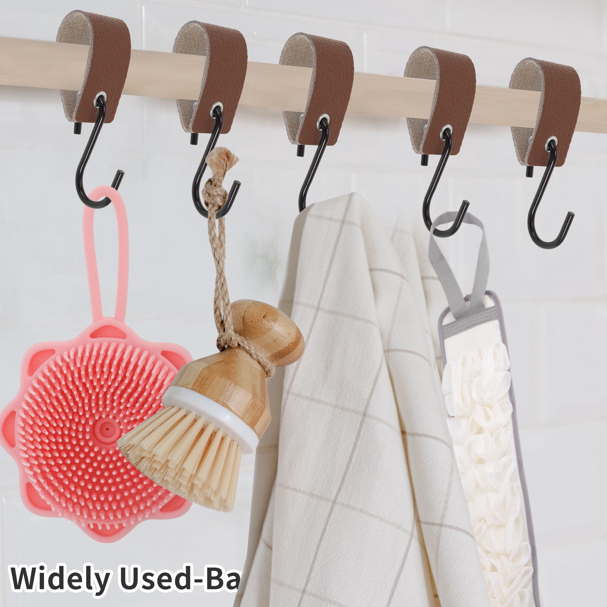 Unique Bargains Pack of 5 S Hooks with Leather Loop for Wardrobe Deep Brown