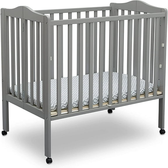 Delta Children Folding Portable Mini Crib with 1.5-inch Mattress, Greenguard Gold Certified, Gray