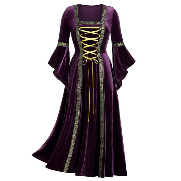 Hjcommed Renaissance Médiévale des Femmes Halloween Costumes Cosplay Robe Rétro Irlandaise Longue sur les Robes, Femmes Plus Taille Halloween Treillis Dentelle Patchwork Robe à Manches Longues Violet XXL