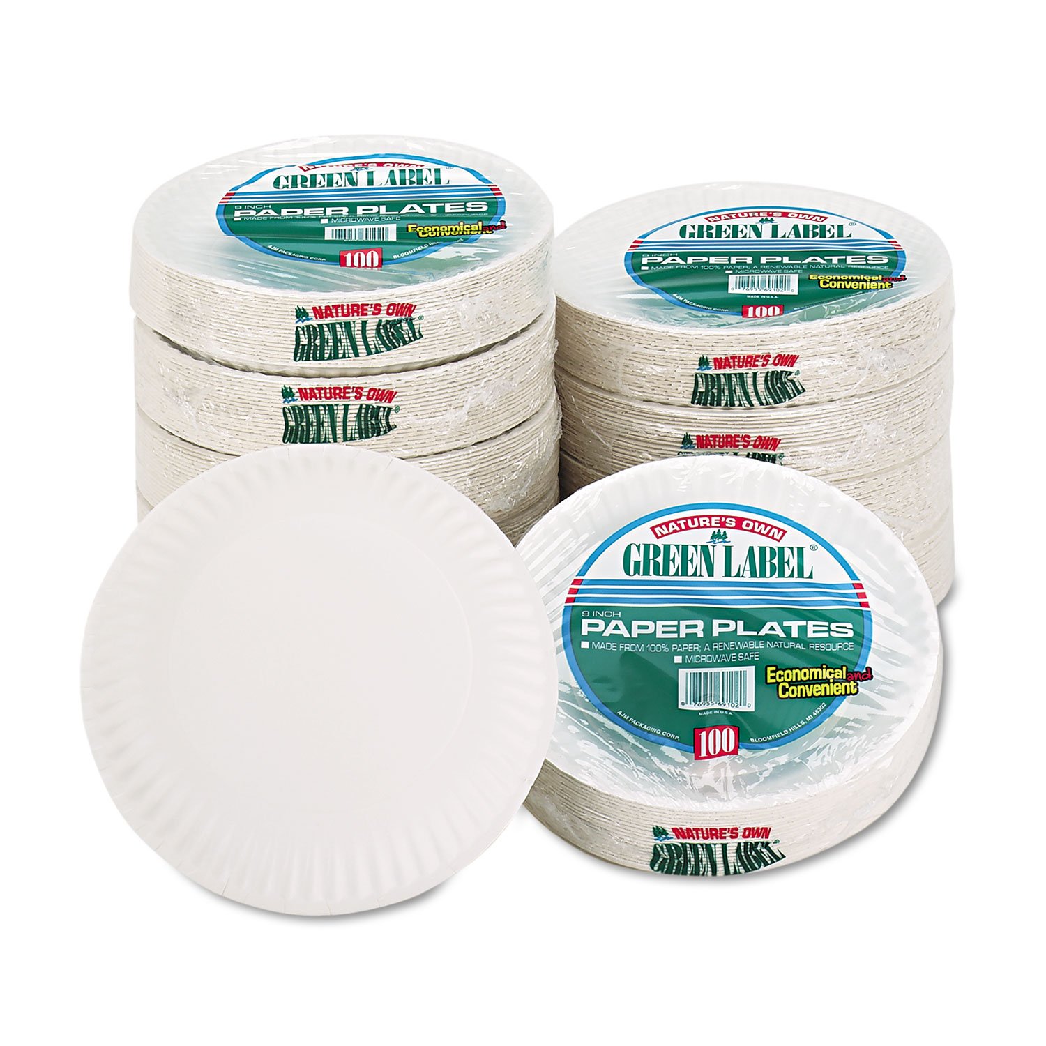 AJM Packaging Corporation-White Paper Plates, 9" Dia, 100/Pack, 10 Packs/Carton