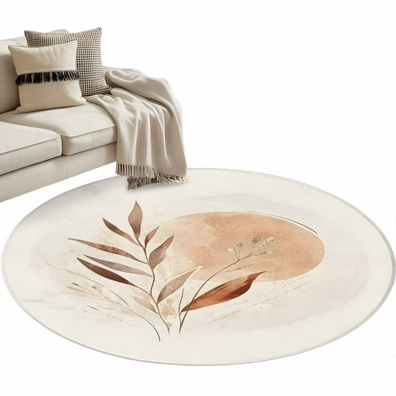 Beige Geometric Round Area Rug 3 FT, Small Kitchen Bathroom Mat, Modern Abstract Art Botanical Washable Indoor Outdoor Throw Runner Carpet Non-Shedding Doormat for Table Shower Sofa Entryway
