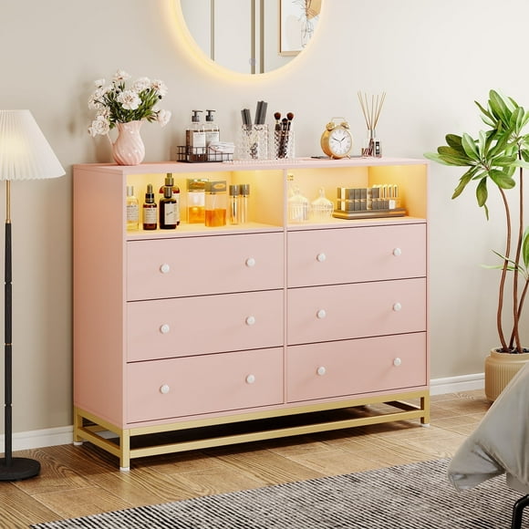 Garvee Double Dresser with 6 Drawers, Power Outlet & LED Light, 47.2×15.8'×31.5 inch, Pink