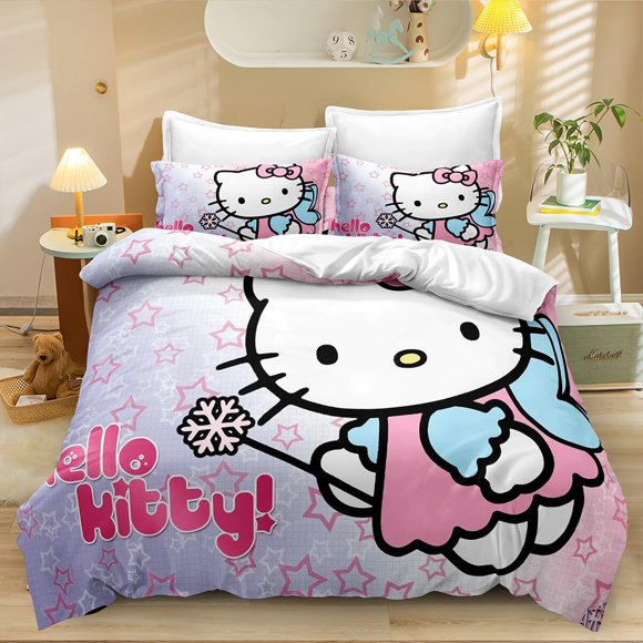 LAICAIW The Girls Hello Cat Duvet Cover Set,3 Piece 3D Kitty Flowers Printed Quilt Cover with Zipper,Gifts for Boys and Girls,1 Duvet Cover with 2 Pillowcases