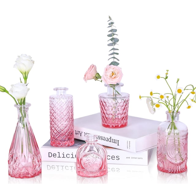 Jarrones de cristal UPBUD, color rosa, 5 unidades, para decoración de bodas