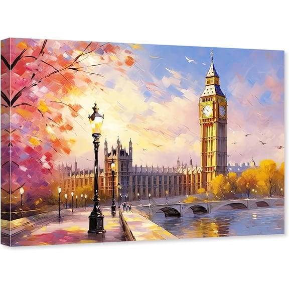 ZHONGYUTONG London Canvas Wall Art Cityscape Picture London Theme Painting Big Ben Tower Artwork Modern Poster for Living Room Decor Framed (12.00" x 18.00")