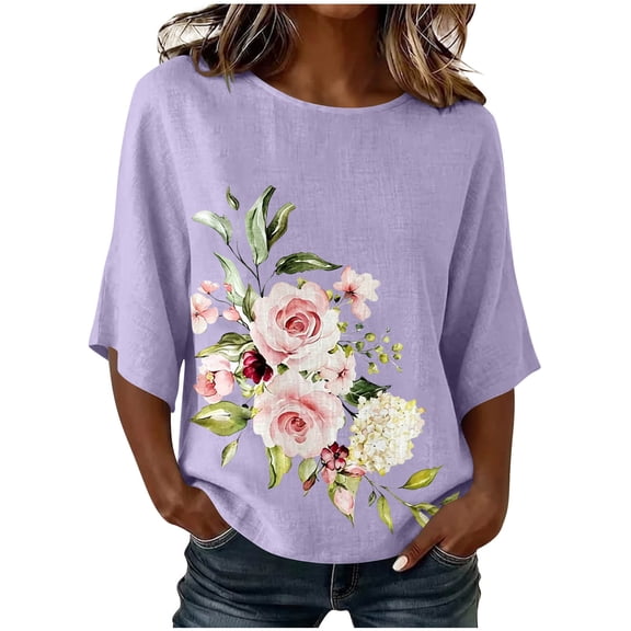 DeHolifer Women's Tops 3/4 Sleeve Floral Printed Crewneck Casual Loose Lightweight Tee T-Shirts Purple L