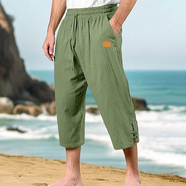 Ceisia Men's Gift Relaxed Three-quarter Cotton Linen Pants Breathable Elastic Waist Frog Button Multi-Color