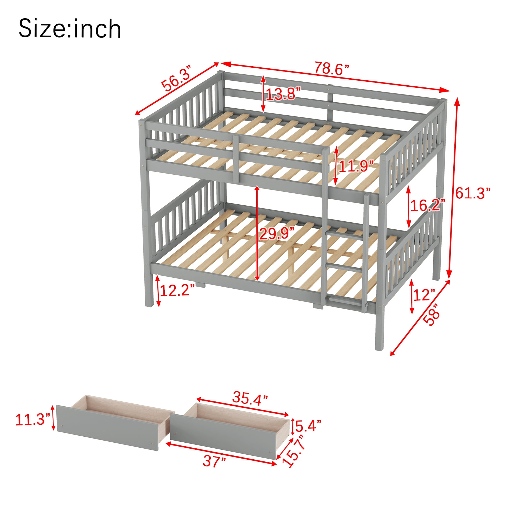 Sailvan full Over full Rubber Wood Bunk Bed with 2 Drawers, Convertible into 2 full Beds with Ladder