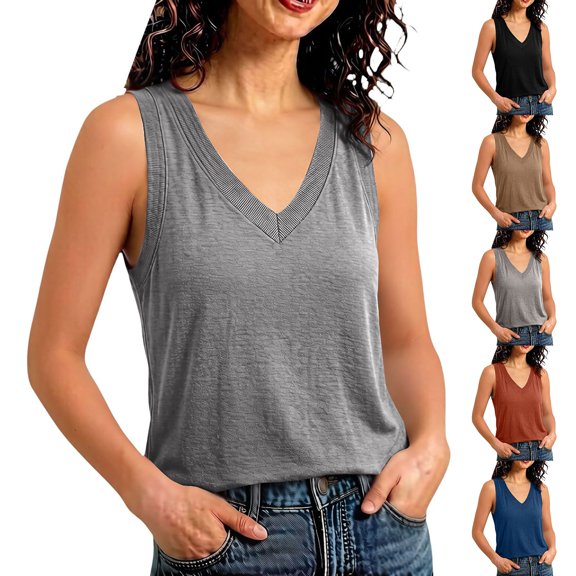 WHEANG Everyday Casual Plus Size T Shirt for Women Classic Solid Color V Neck Tank Tops Summer Sleeveless Basic Shirts True Tees Trendy Clothes Breathable Loose Fit Top(Color BlackSize S)