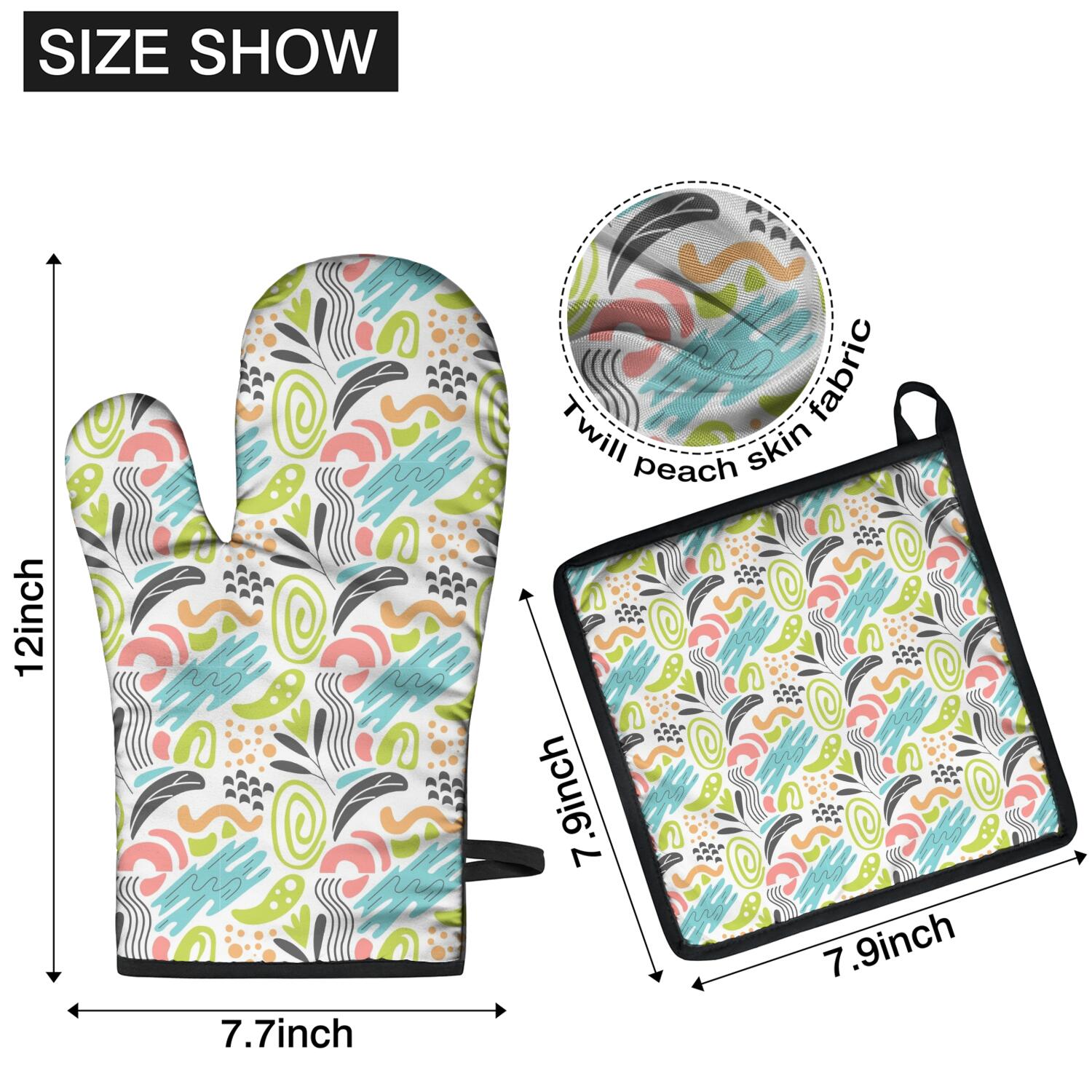 Floral Pattern Oven Mitts and Pot Holders Set Of 4, Heat Resistant Kitchen Gloves with Non-Slip Grip, Hanging Loop, Soft Cotton Lining for Baking, Cooking, Grilling, Barbecue