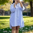 thumbnail image 4 of Zpzdpjkx Women's Striped Button Down Shirt Dress Loose 3/4 Sleeve Oversized Split Hem Casual Mini Dress, 4 of 9