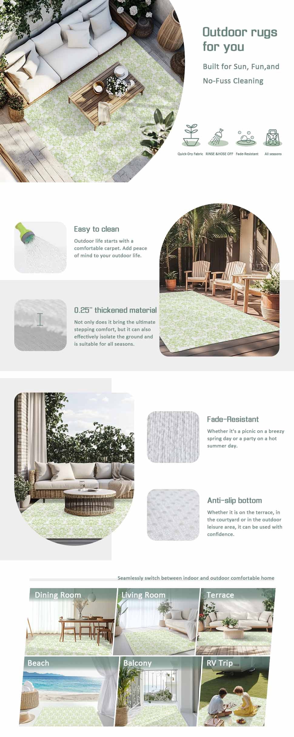 Green Baroque Outdoor Rug 4x6 Ft - Reversible Patio Rug Outdoor Camping Rugs, Abstract Art Floral Pattern Washable Indoor Outdoor Area Rugs, Non-Slip Outdoor Carpet Runner for Deck/Porch