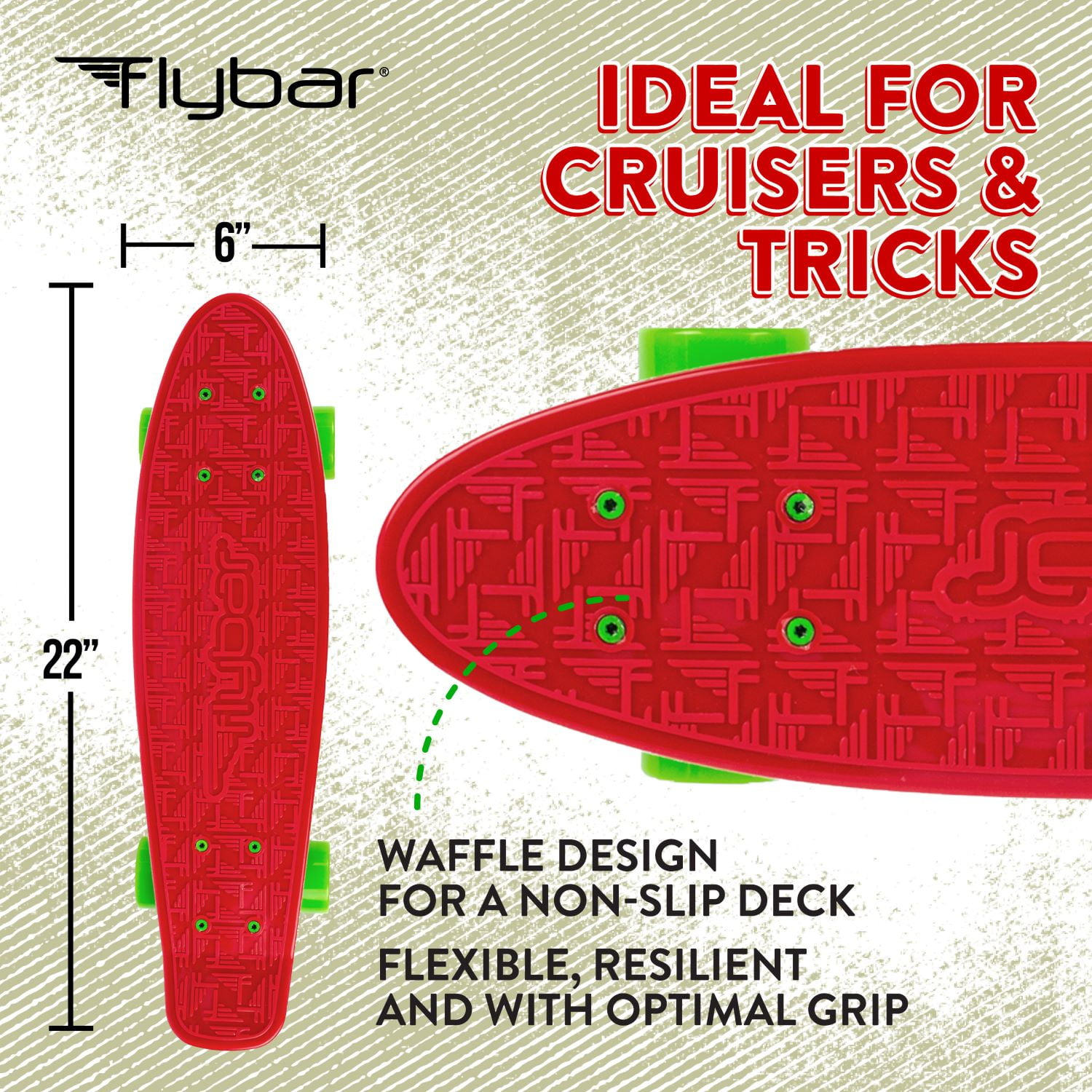 Flybar 22 Inch Mini Cruiser Skateboard, Non-Slip Deck, for