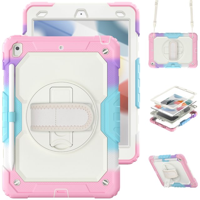 XYX For iPad 9th/8th/7th Generation 10.2 inch Case, 360 Rotating Shockproof Cover with Stand, Screen Protector, Shoulder Strap, Rainbow Pink