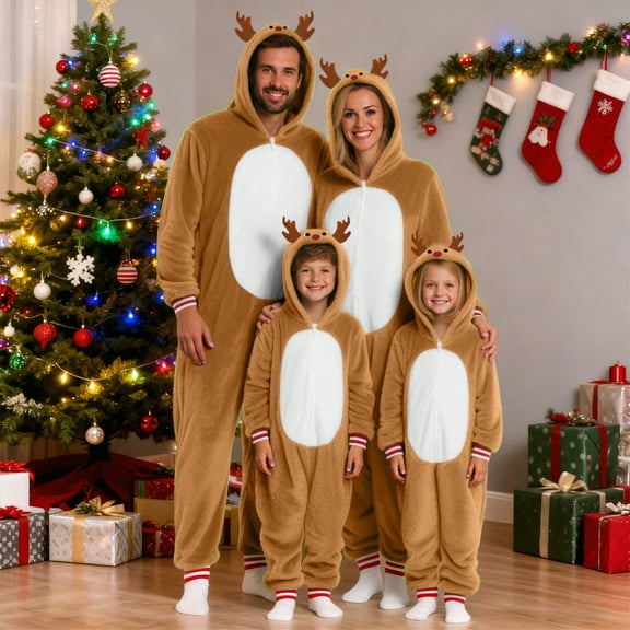 mgoYE Matching Family Christmas Pjs Christmas Clothes for Family Flannel Onesie with Hood One Piece Pajamas Sleepwear Jumpsuit for Xmas Party(Brown,XL)