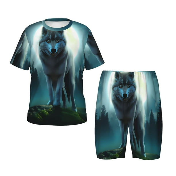 Balery Wolf Conjunto de Pijama Infantil de Manga Corta con Estampado – Ropa de Dormir de Algodón Suave-Small