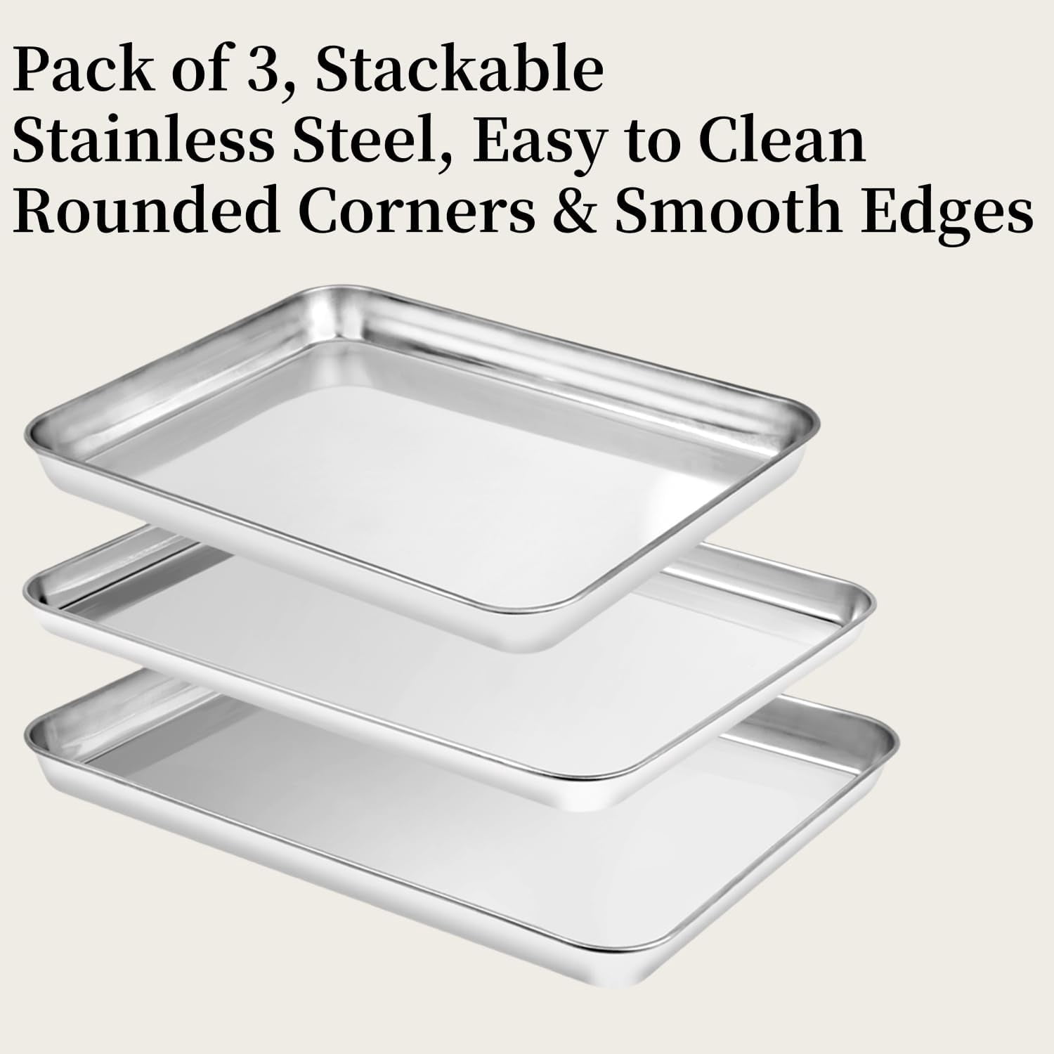 Baking Sheet Set of 3, Heavy-Duty Stainless-Steel Pans, Cookie Sheets Cooking Trays for Oven, 3 Different Sizes (12/16/17.5 Inch)