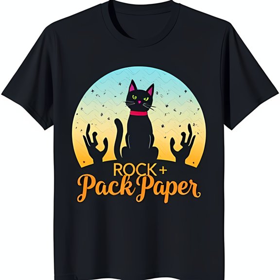 Black Cat Graphic T-Shirt with Green Eyes on Sunset Background ROCK Paper
