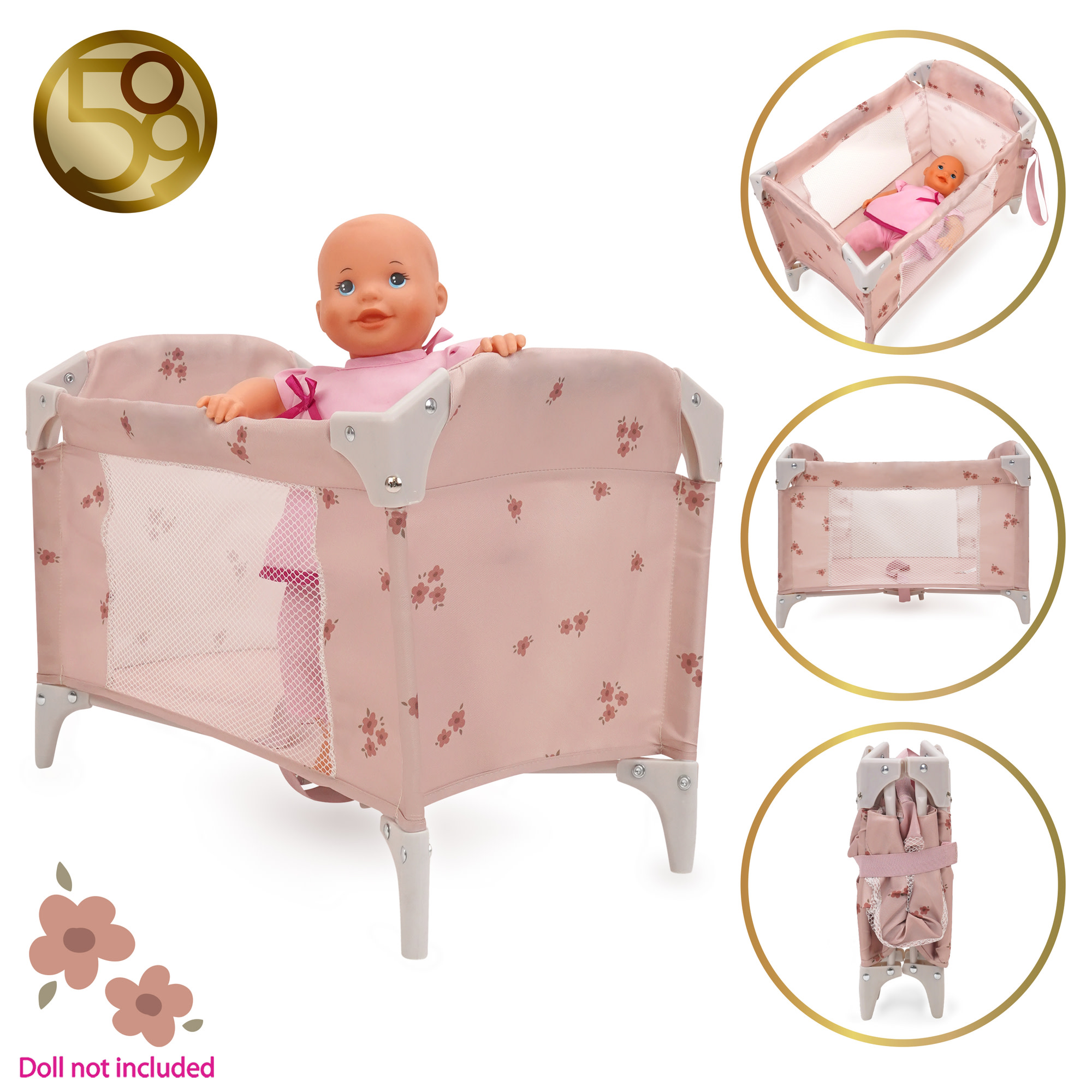 509 Crew: Ballet Flora - Feed N' Care Set - Soft Pink & Flowers, 7pc Play & Feeding Doll Accessories, Highchair & Foldable Play Yard, Roleplay, Kid 3+