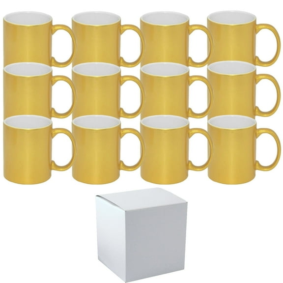 Mugsie 12 Pack 11 oz. METALLIC GOLD outer & Handle- Ceramic Sublimation Mugs - Professional Grade  - With Individual White Gift