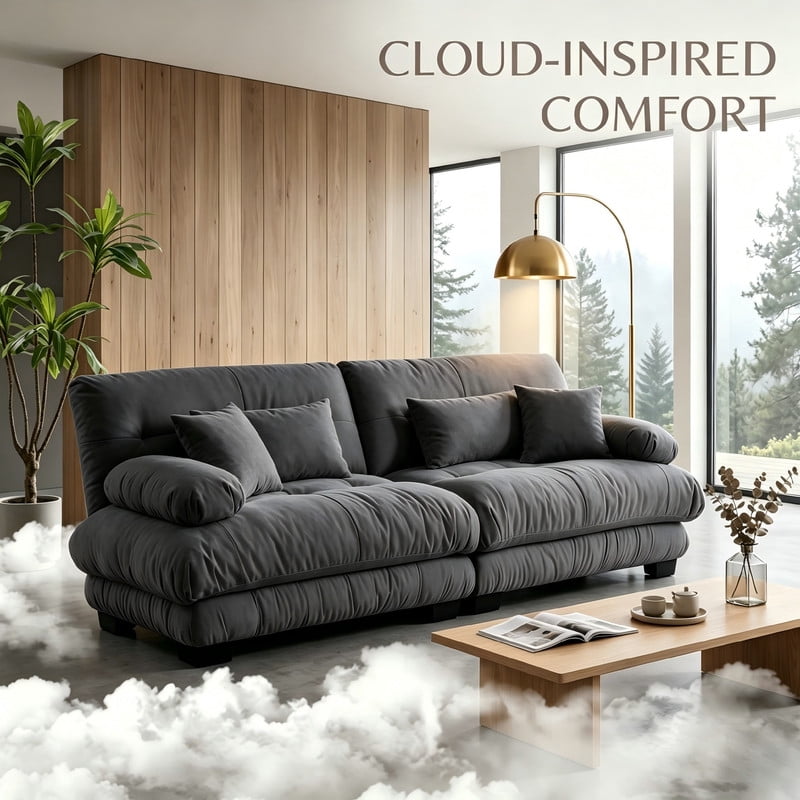 ANPPORT Cloud Couch Sleeper Sofa, Chenille Gray 2-Seater Modular Sofa, 2 Lumbar pillows, 2 Pillows, Comfy Deep Seat Cloud Sofa, Convertible L-Shaped Floor Couch for Living Room