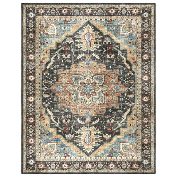 Crystal Print Tiefi Traditional Oriental Black Multi Washable Indoor Area Rug, 8x10