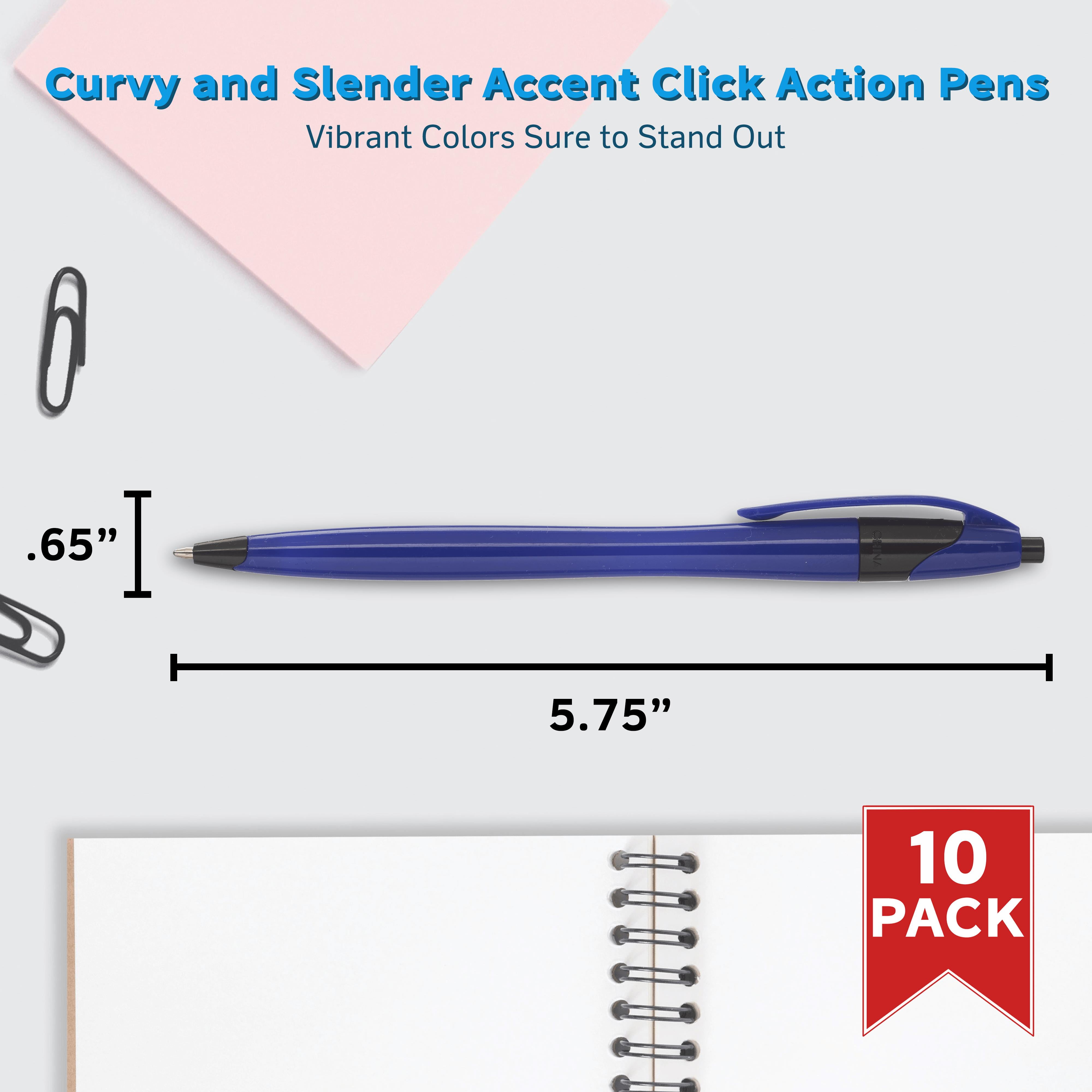 10 Accent Click Action Pens Pack - Plastic, Curvy, Vibrant, Black Ink - Reflex Blue