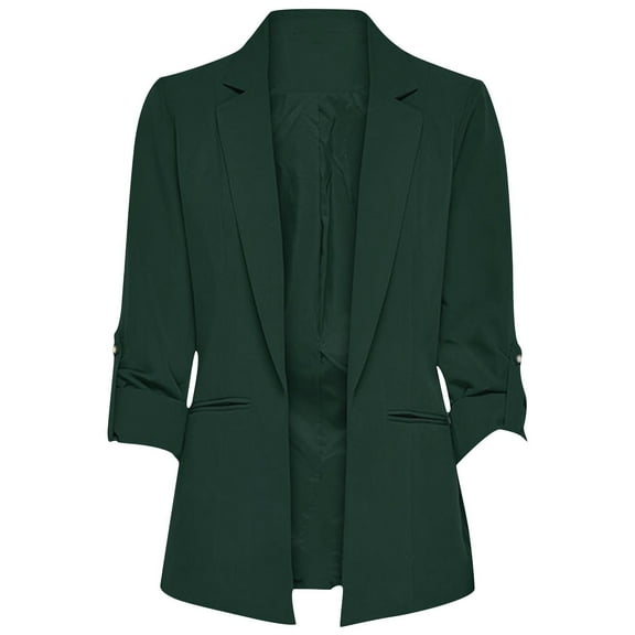 Ecqkame Blazers for Women Business Casual Lightweight Work Office Cardigan Jacket Turndown Collar 3/4 Sleeved Solid Suit A-Army Green XL