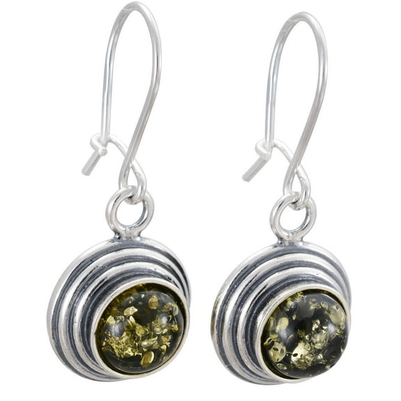Sterling Silver and Baltic Green Round Amber Dangling Earrings