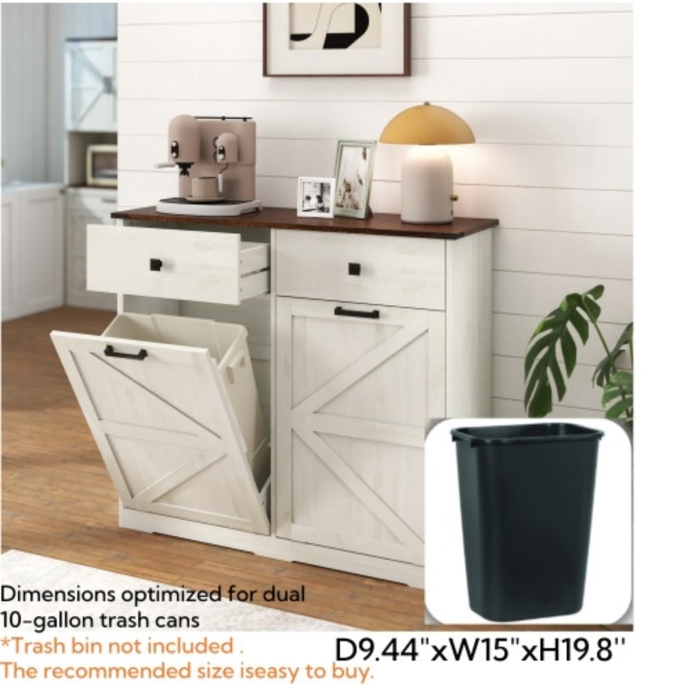 Farmhouse Double Tilt-Out Trash Cabinet, 2 x 10 Gallon Hidden Garbage Can Storage, Recycling Cabinet with Drawers, Barn Door Style, Brown + Antique White