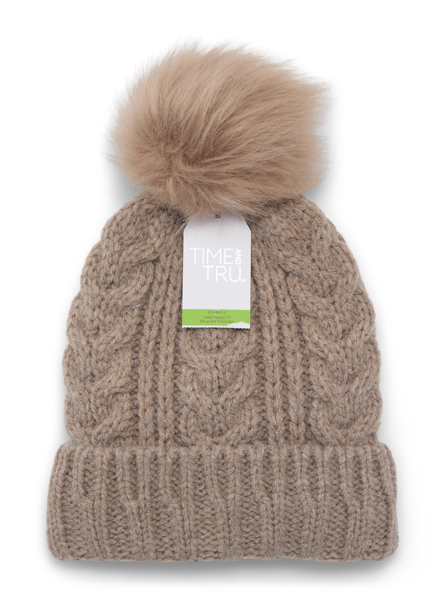 Time and Tru Women's Cable Pom Cuff Beanie, One Size Fits Most, Toasted Heather