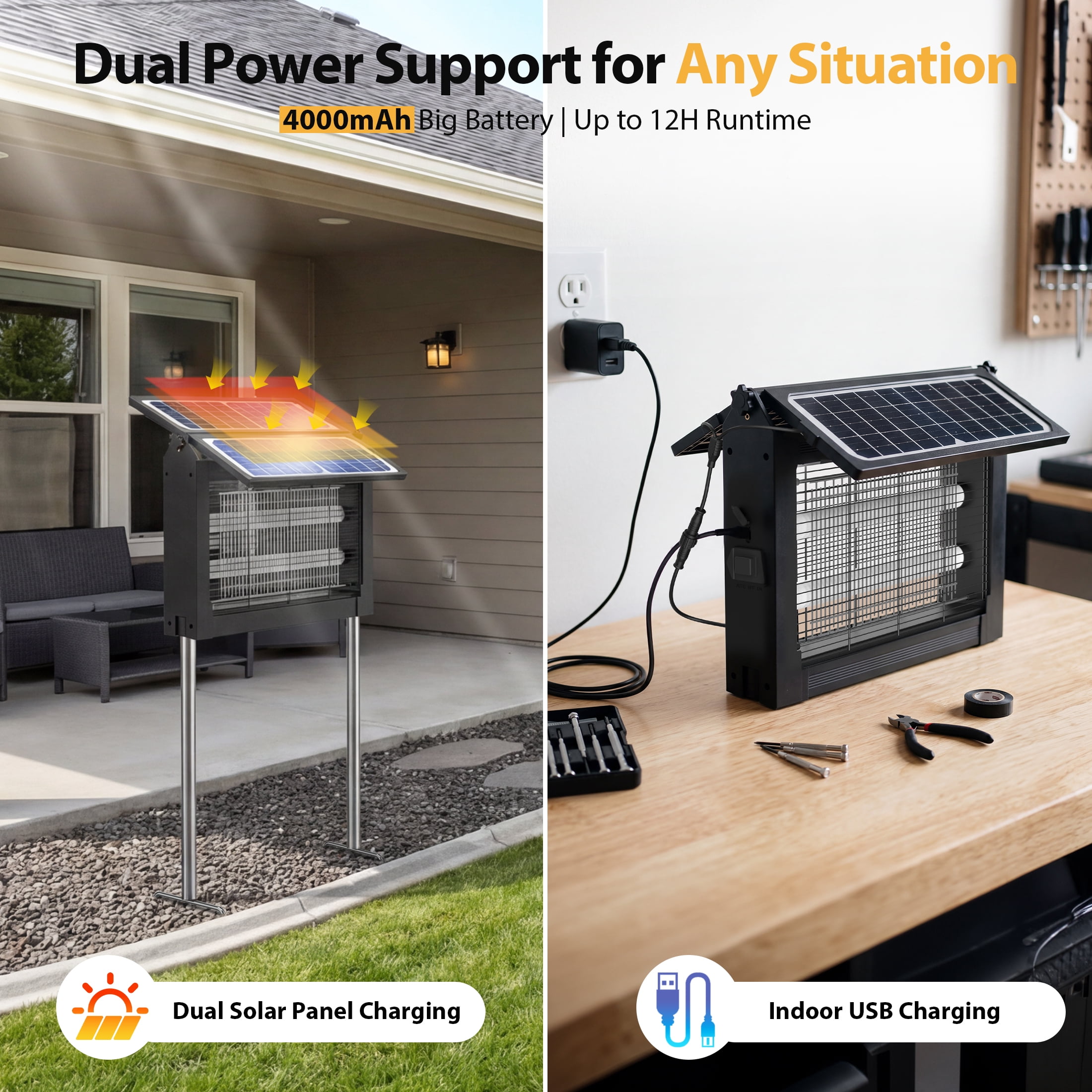 Aukfa Bug Zapper Outdoor, 1 Acre Rechargeable Mosquito & Fly Zapper, Dual Solar Panels, IPX5