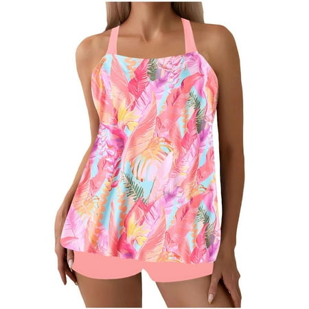 Wyobmus Tankini Swimsuit for Women Vintage Printed Bathing Suit Crossback Strap Adjustable Summer Tank Top Two Piece Swimwear With Boyshorts Pink